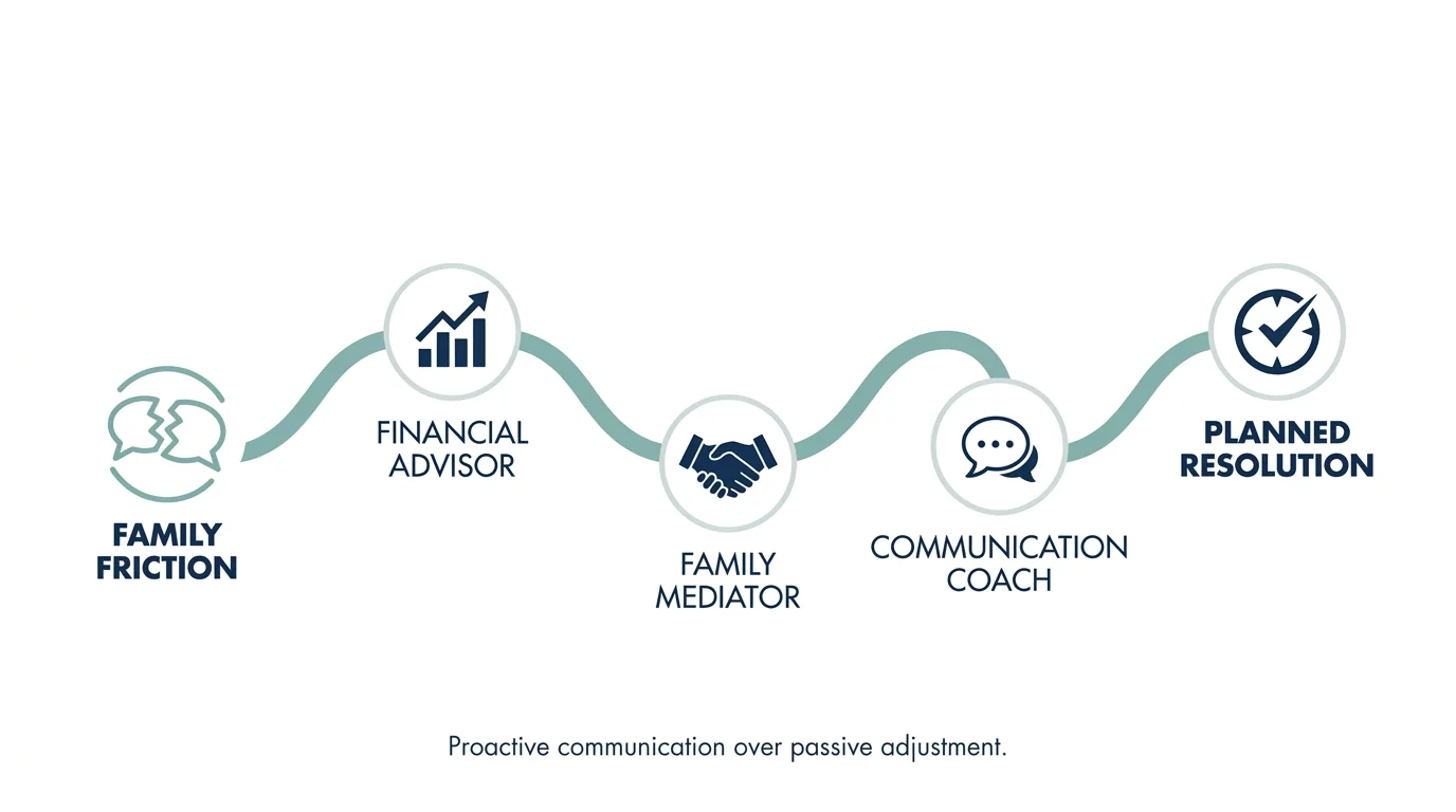 A horizontal flowchart showing a path from 'Family Friction' through 'Financial Advisor' and 'Mediator' to 'Resolution.'