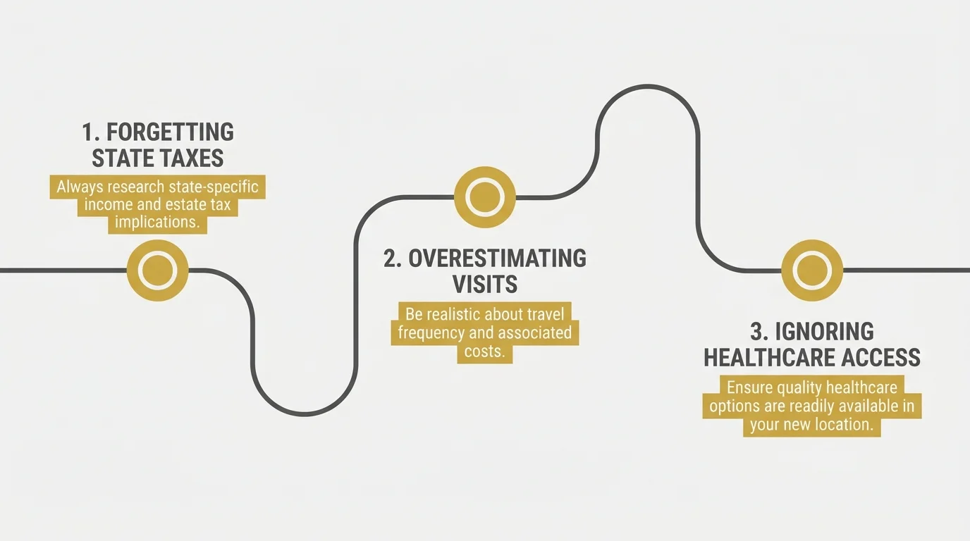 A horizontal road map diagram highlighting common errors like state taxes and healthcare access when relocating.