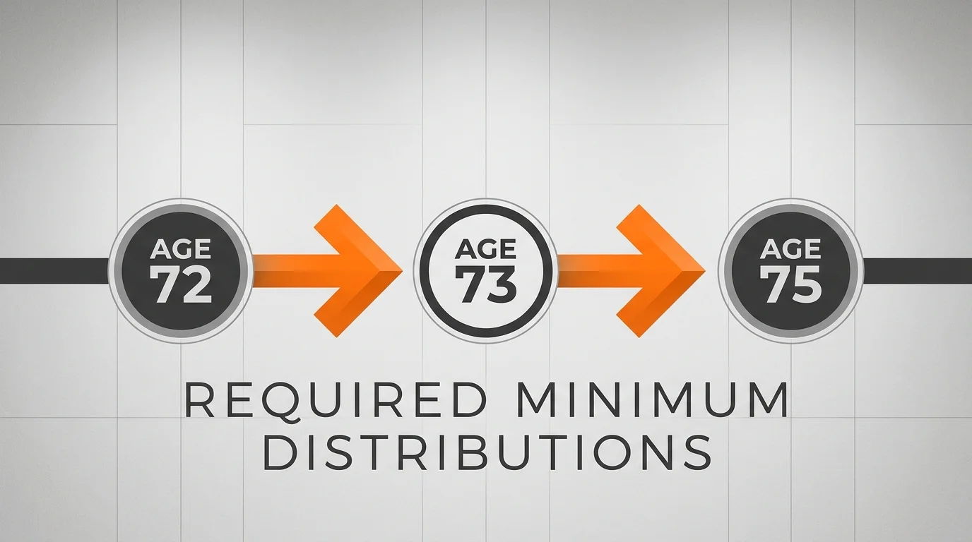 A horizontal timeline showing the Required Minimum Distribution age moving from 72 to 73 and then to 75.