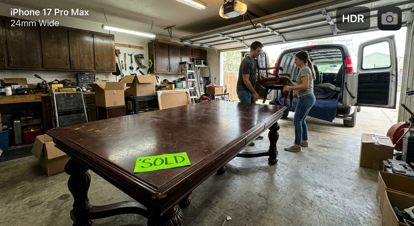 A large antique mahogany dining table with a 'SOLD' sticker being moved out of a garage by a younger couple.