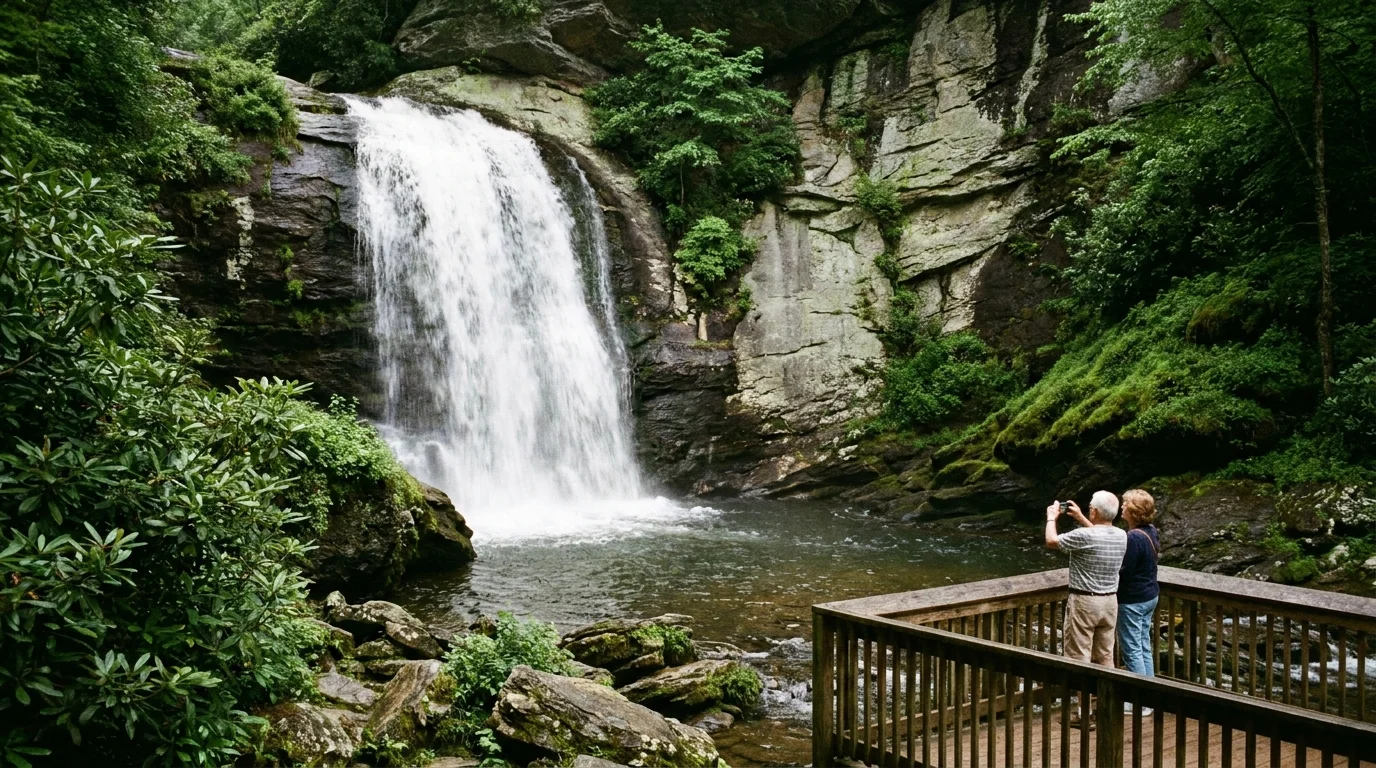 A large waterfall flows over dark rocks into a forest pool in Brevard, North Carolina.