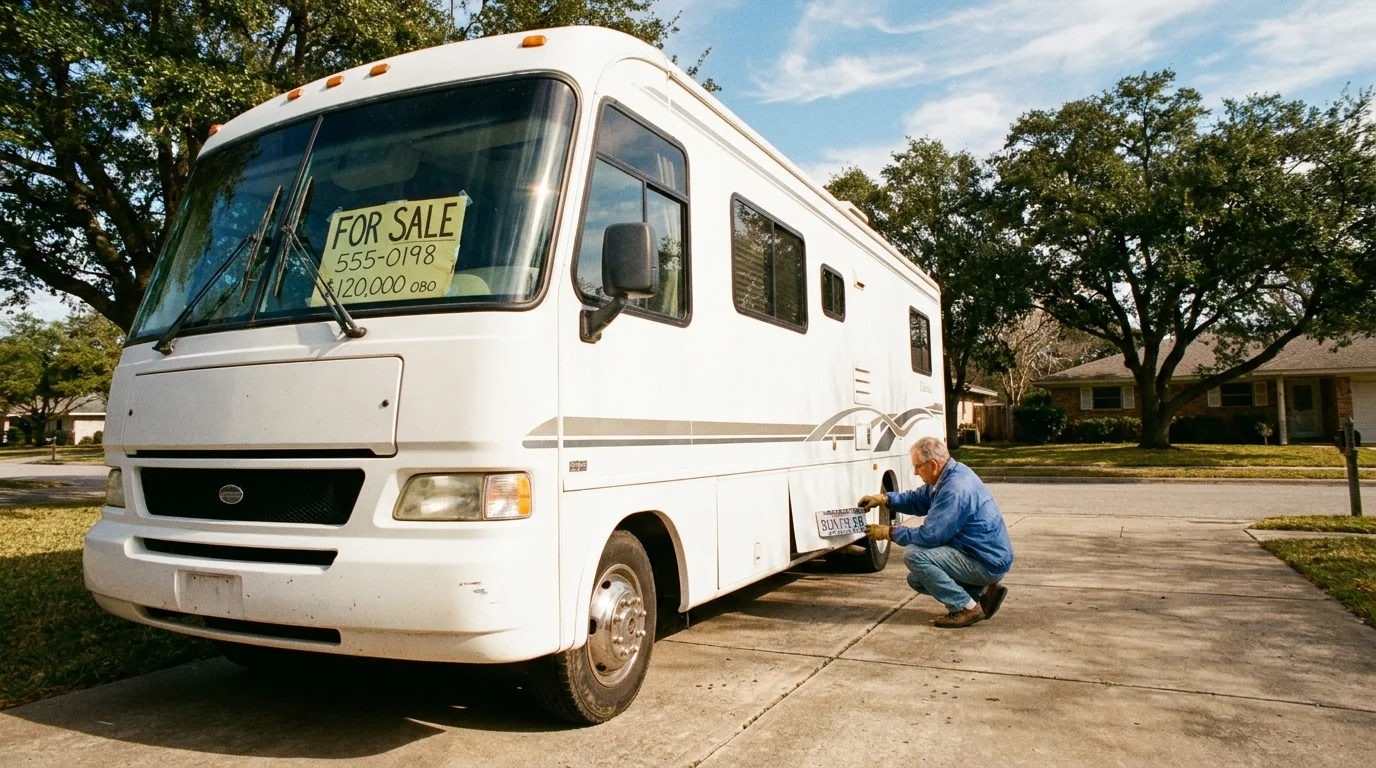 A large white RV with a 'FOR SALE' sign parked in a driveway as the owner prepares it for its next home.