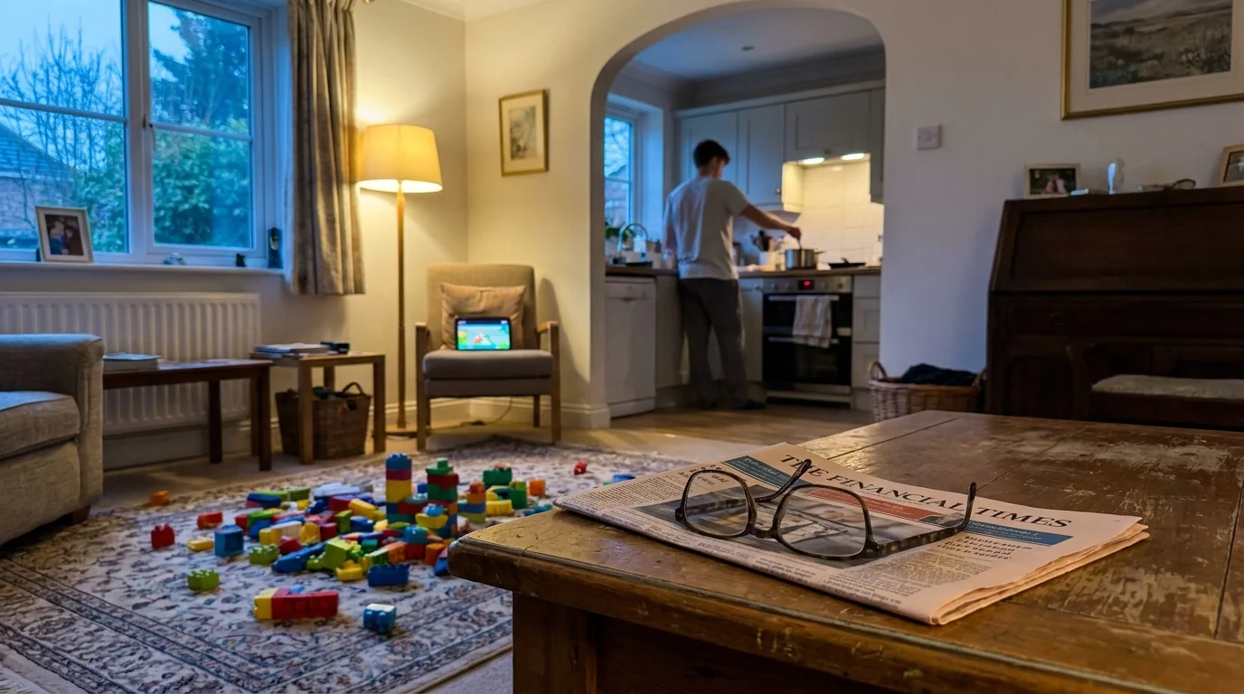 A living room showing a mix of retiree belongings, toddler toys, and a young adult in the background, showing shared living.