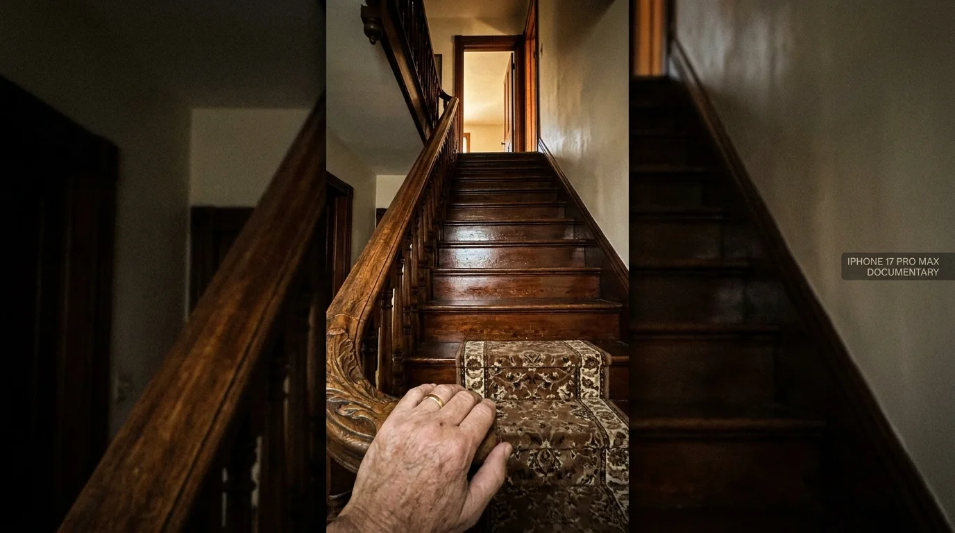 A low-angle view of a steep wooden staircase with an older hand gripping the banister.