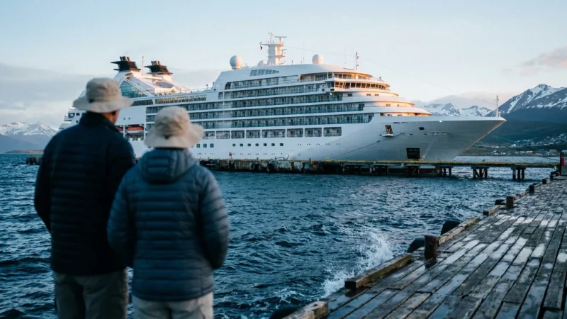 A luxury cruise ship docked in a South American port at dawn, with two retirees looking on from a wooden pier.