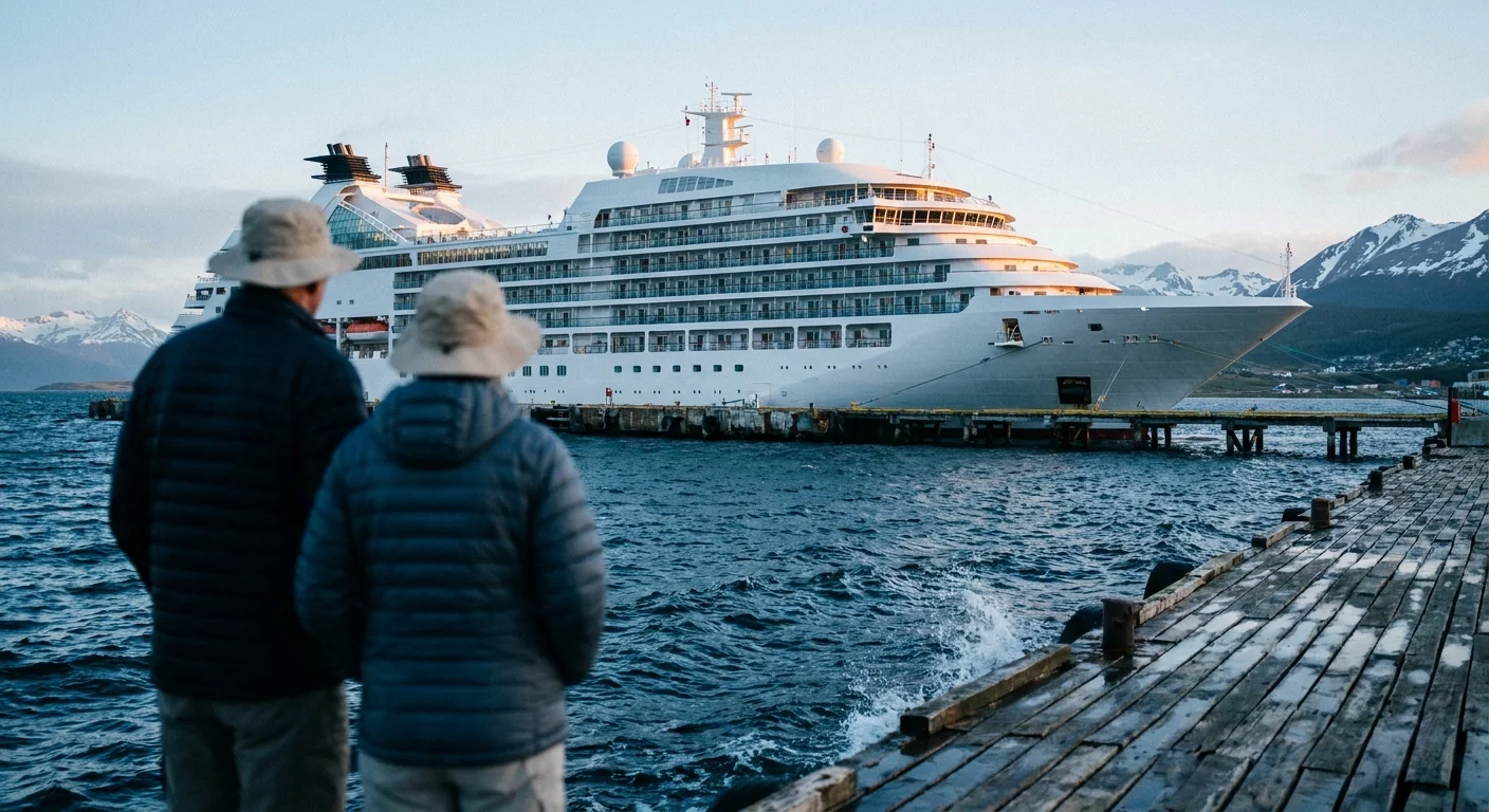 A luxury cruise ship docked in a South American port at dawn, with two retirees looking on from a wooden pier.