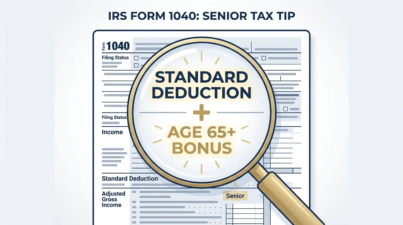 A magnifying glass highlighting a 'Senior Bonus' on a standard deduction tax form line.