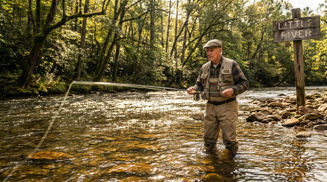 A man fly-fishing in the Little River near Maryville, Tennessee, surrounded by lush green trees.