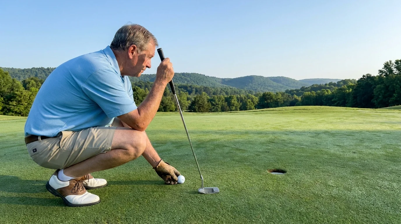A man golfing on a green in Crossville, Tennessee with the Cumberland Plateau in the background.