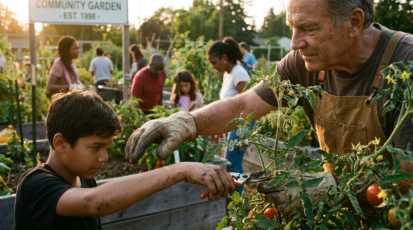 A man in a garden apron teaching a younger person how to prune plants in a community garden during golden hour.