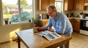 A man in a kitchen looking at real estate listings while a for sale sign is visible through the window in the background.
