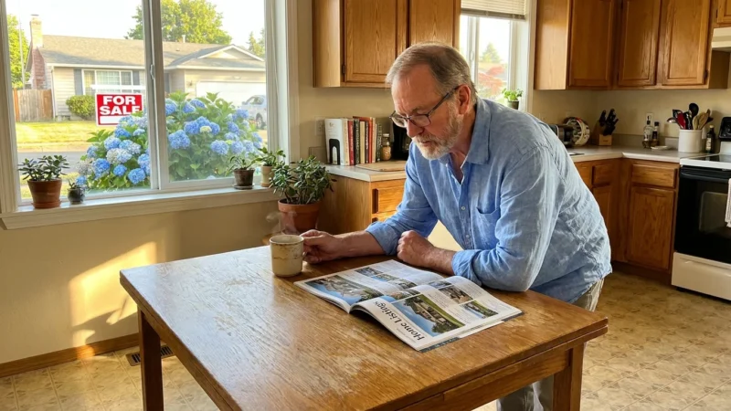 A man in a kitchen looking at real estate listings while a for sale sign is visible through the window in the background.