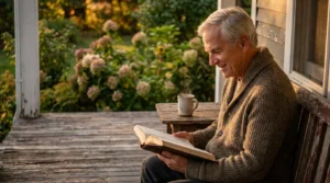 A man in his late 60s relaxes on a sun-drenched wooden porch reading a book, representing the peace and freedom of retirement.