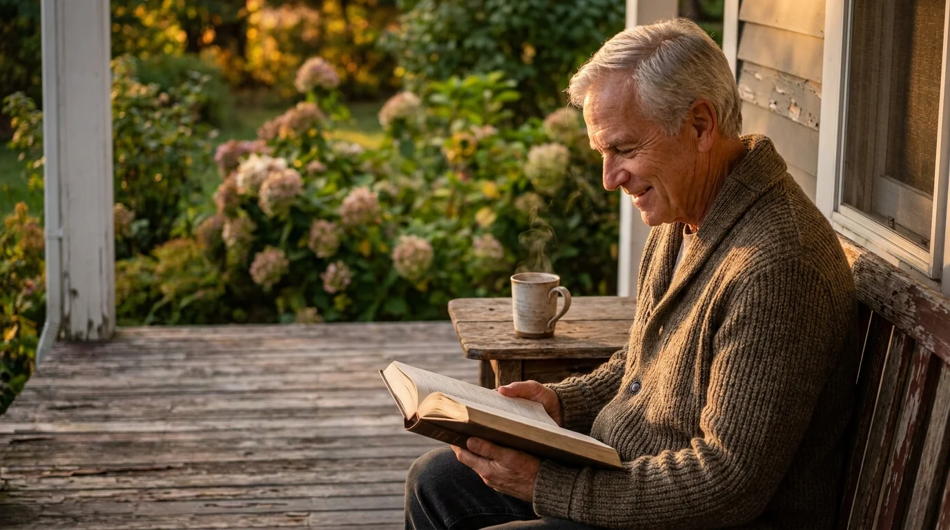 A man in his late 60s relaxes on a sun-drenched wooden porch reading a book, representing the peace and freedom of retirement.