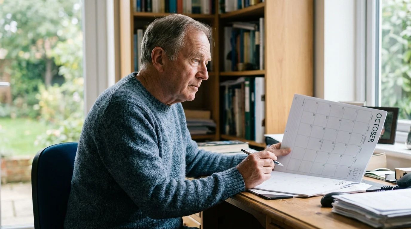 A man in his late 60s sits at a desk looking at a mostly empty wall calendar with a thoughtful expression.