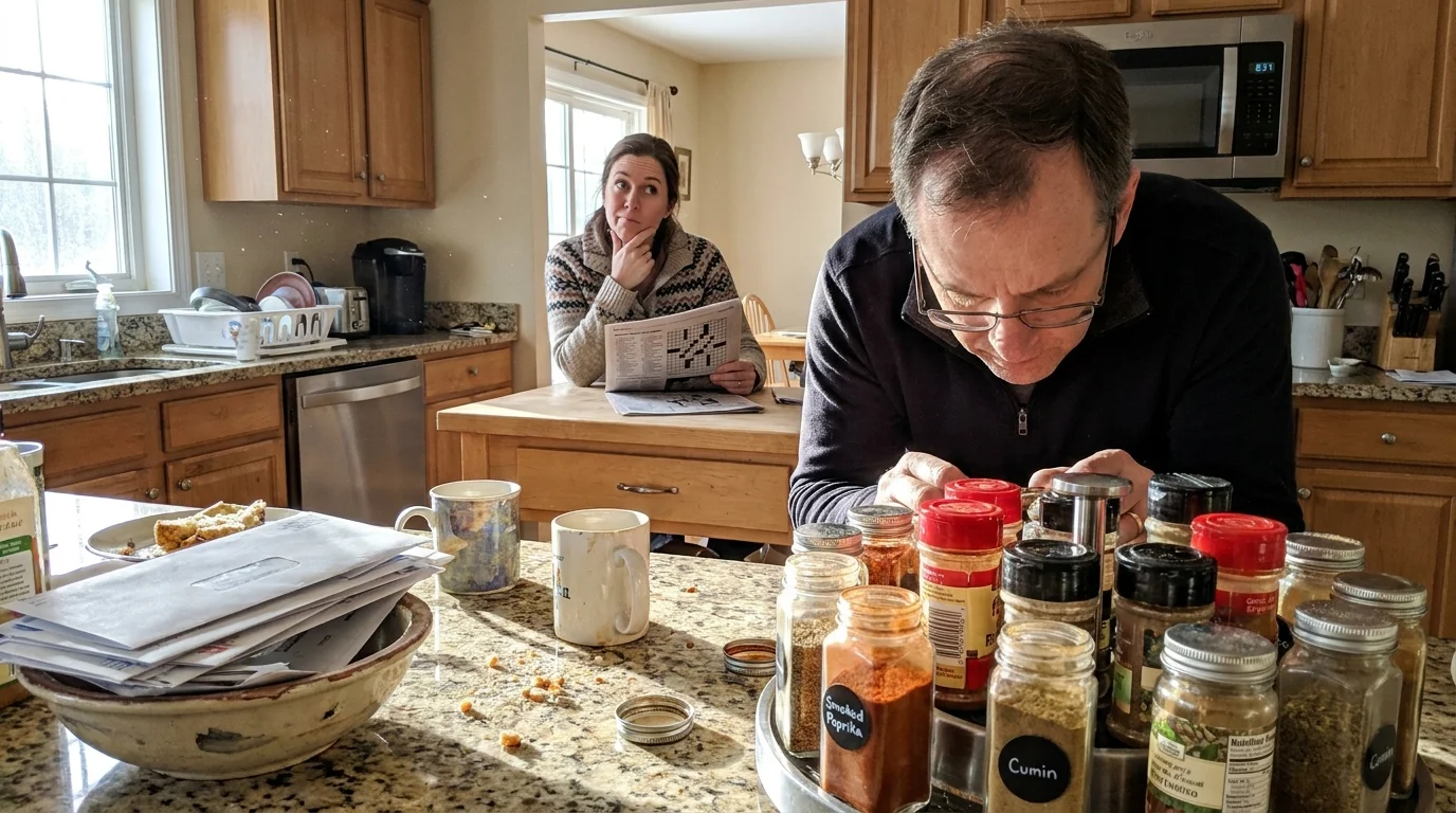 A man organizing spices in a kitchen while his wife watches from the island, illustrating the friction of new daily routines.
