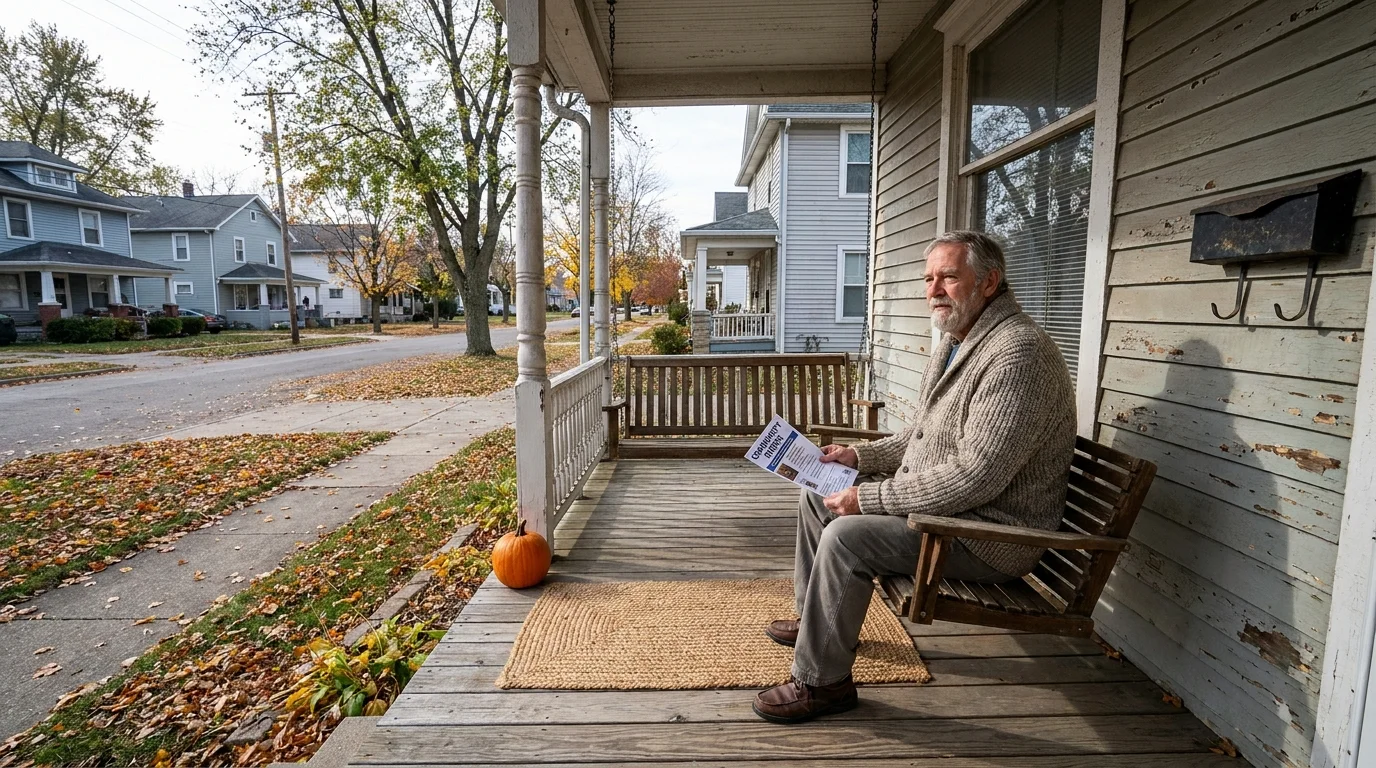 A man sitting on a porch swing of a modest Victorian home in Fort Wayne, Indiana, during a bright autumn morning.