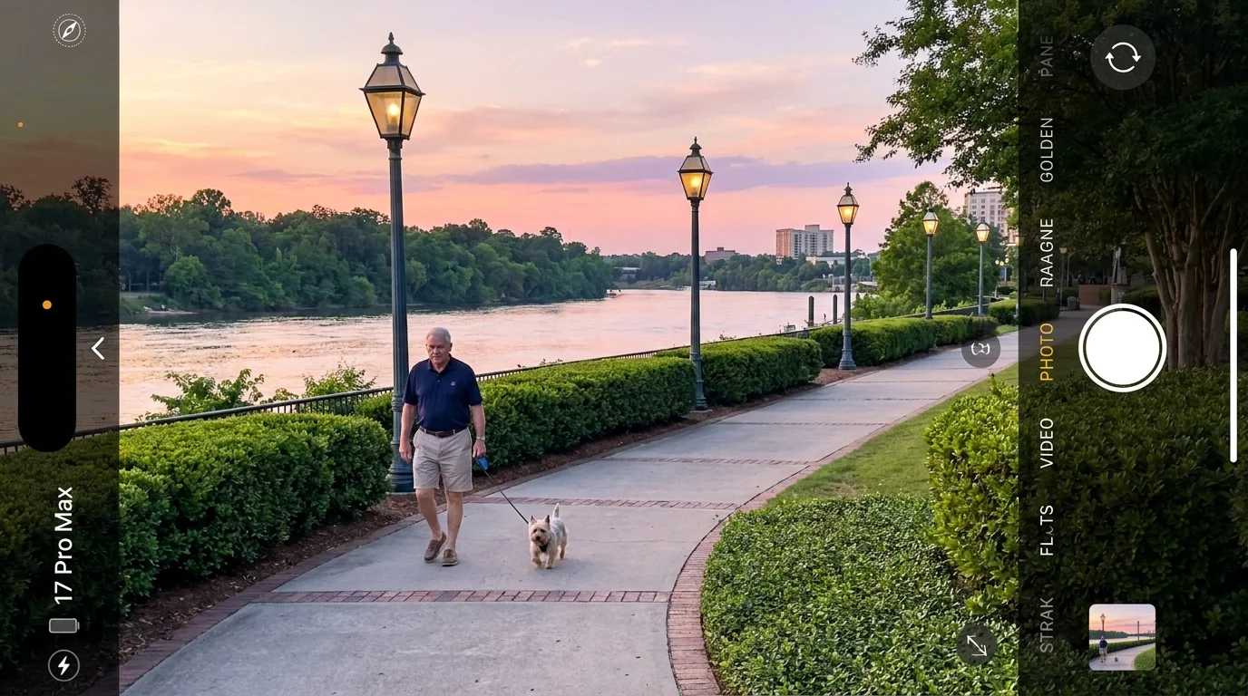 A man walks his dog along the Augusta Riverwalk in Georgia at sunset, with the Savannah River in the background.