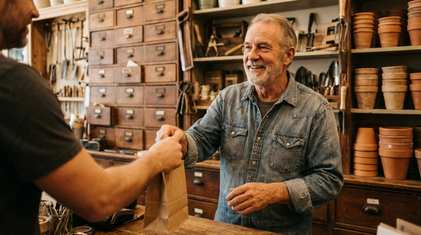 A man working behind a store counter, smiling as he helps a customer in a boutique shop environment.