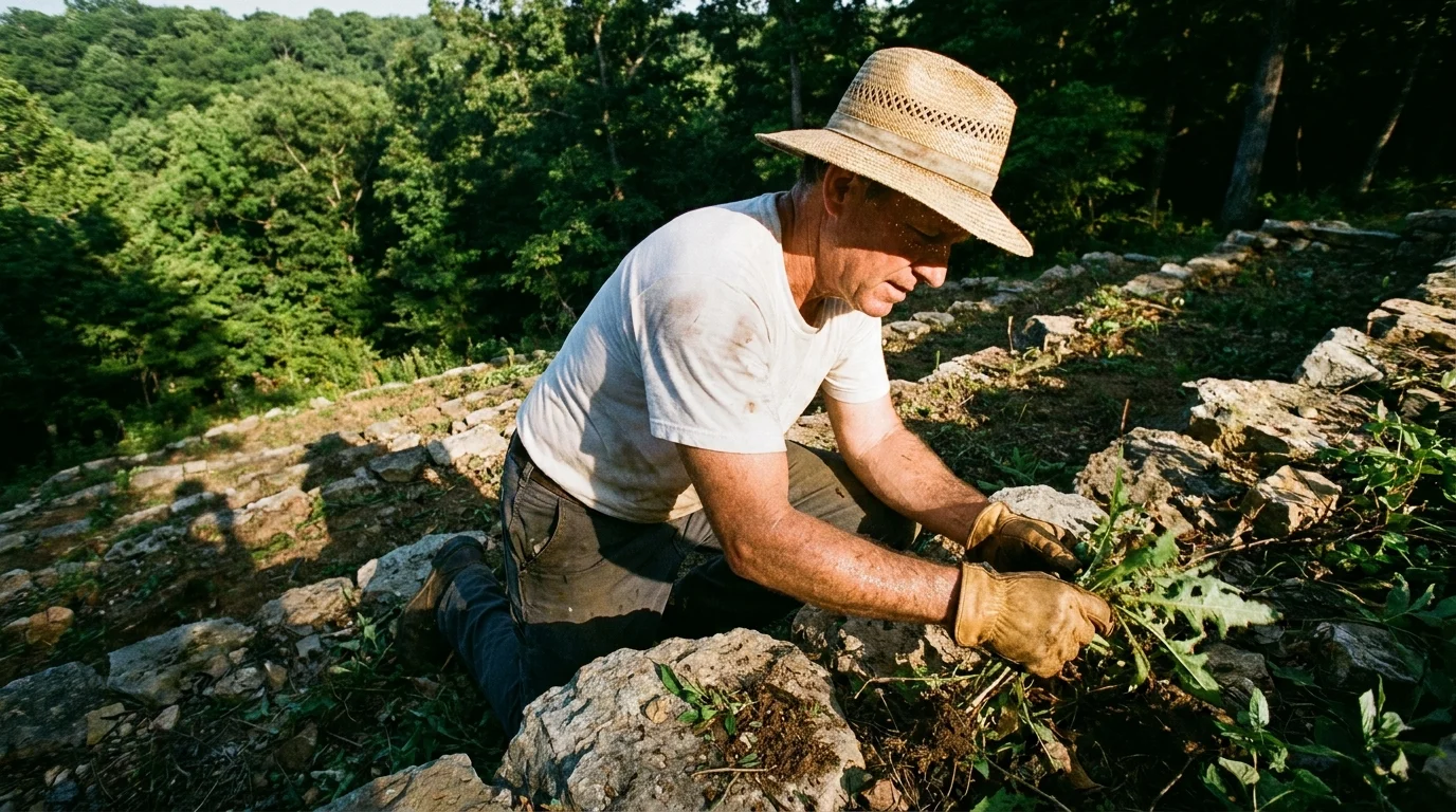 A man working on a steep, rocky garden in Bella Vista, Arkansas, surrounded by thick forest.