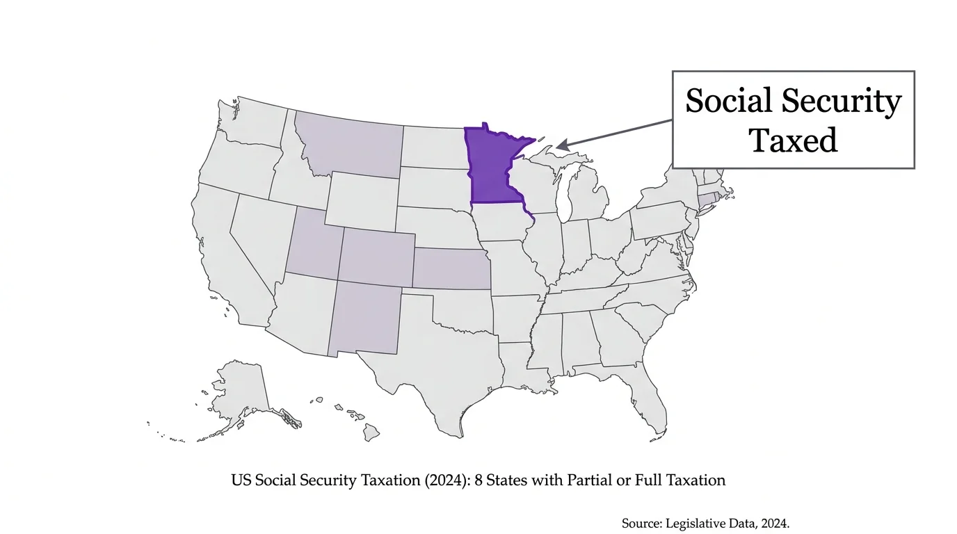 A map highlighting Minnesota as one of the few states that still taxes Social Security benefits in 2026.