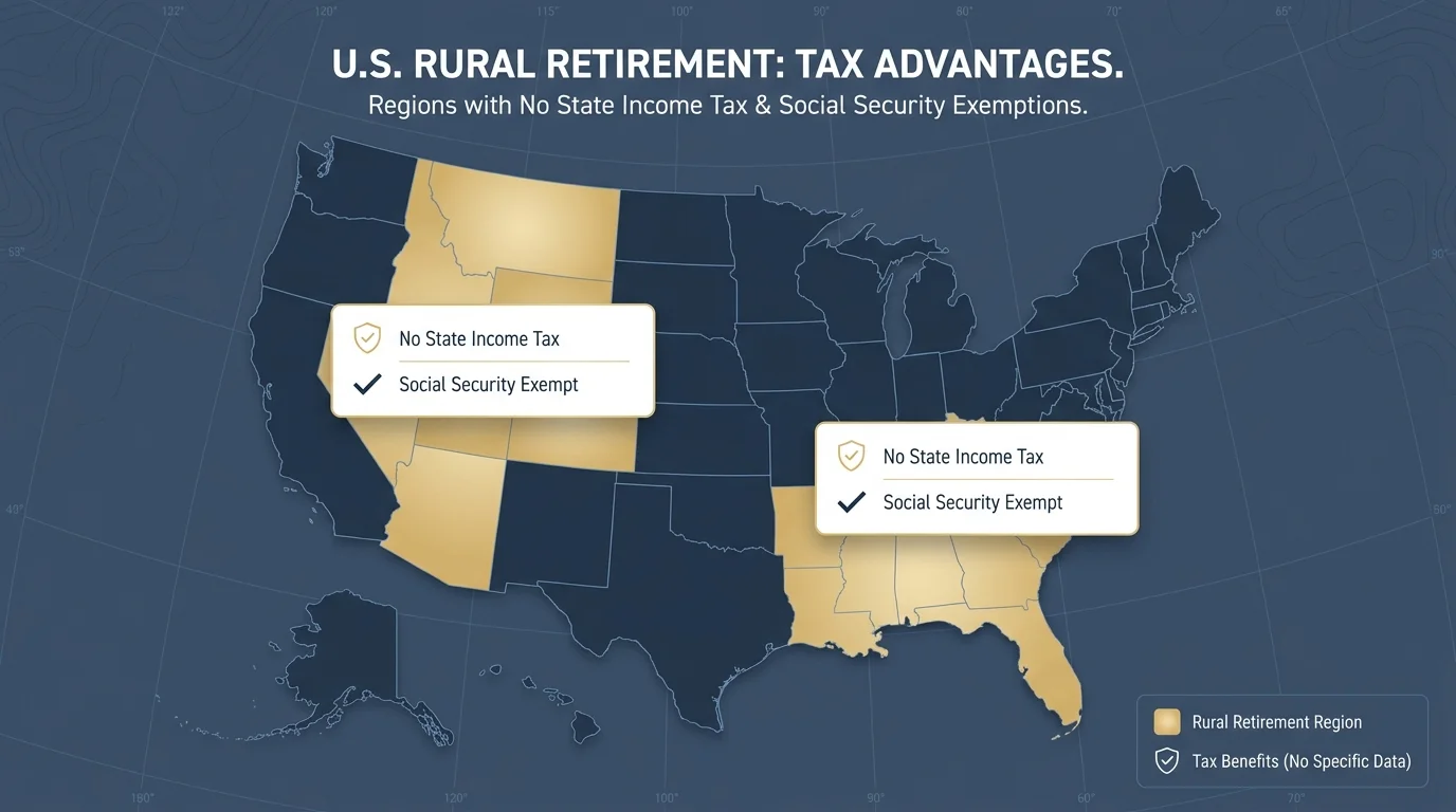 A map highlighting tax-friendly states for retirees, emphasizing income tax and Social Security exemptions.