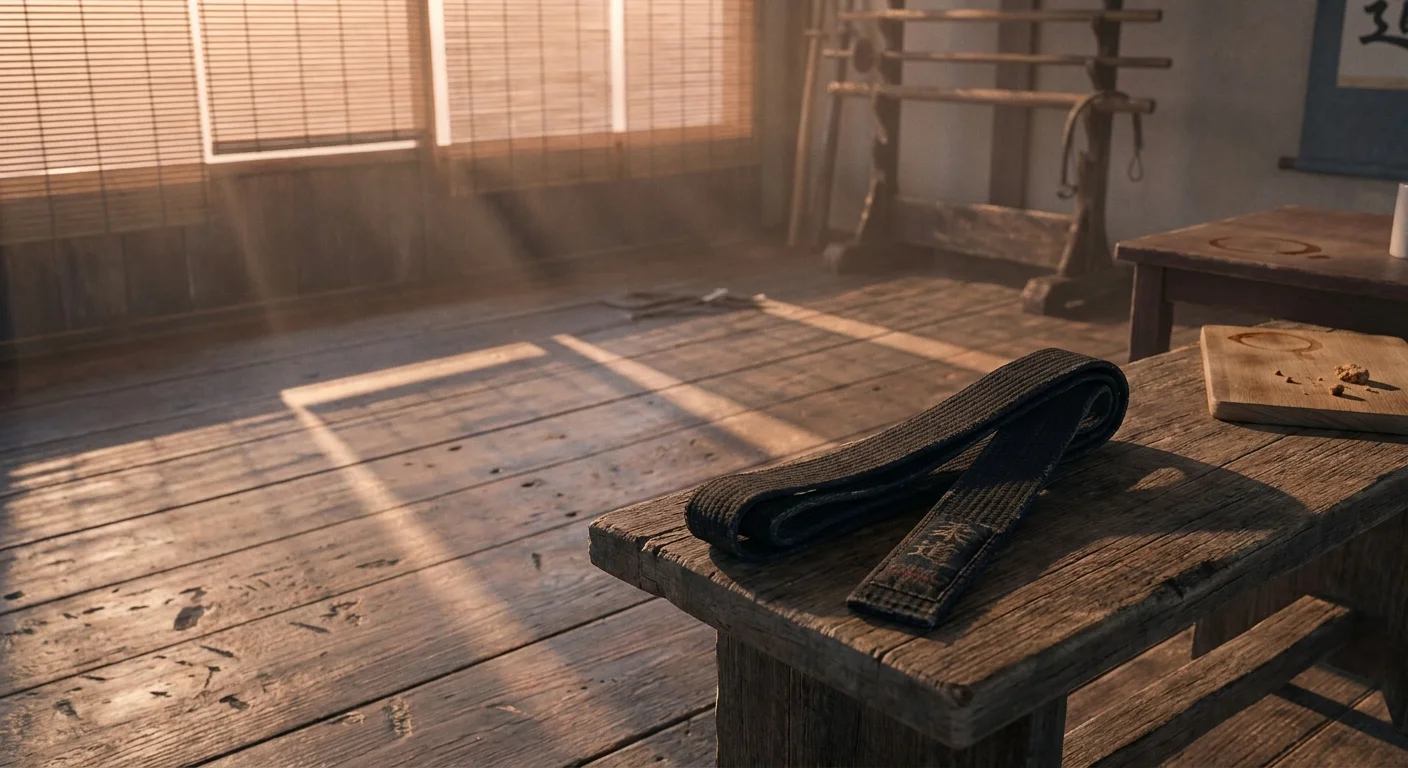 A martial arts black belt resting on a wooden bench in a quiet dojo with dappled light.