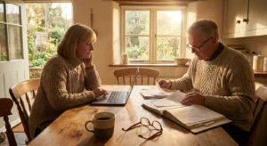 A mature couple sits at their kitchen table in warm afternoon light, reviewing financial documents and a laptop together.