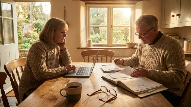 A mature couple sits at their kitchen table in warm afternoon light, reviewing financial documents and a laptop together.