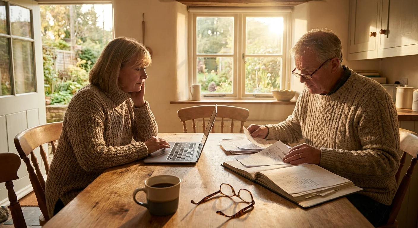 A mature couple sits at their kitchen table in warm afternoon light, reviewing financial documents and a laptop together.
