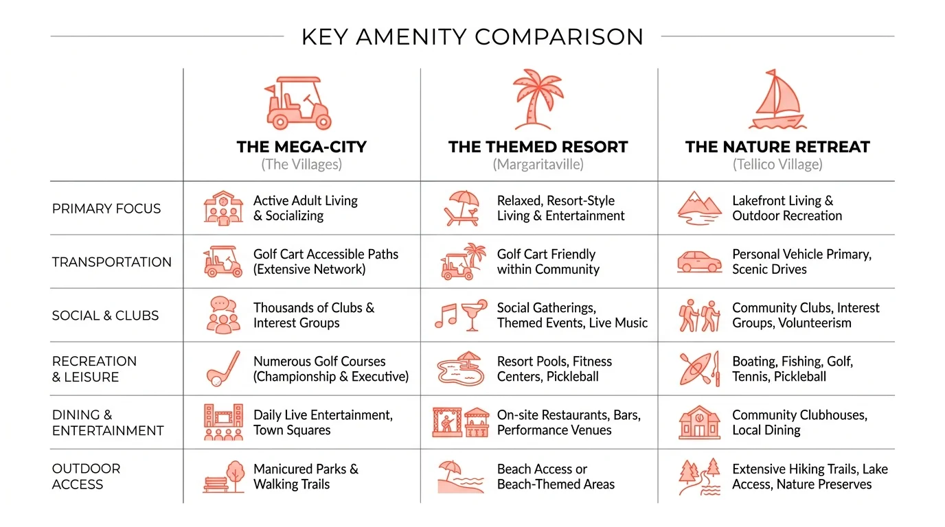 A minimalist comparison chart using icons to show the different themes of top retirement communities.