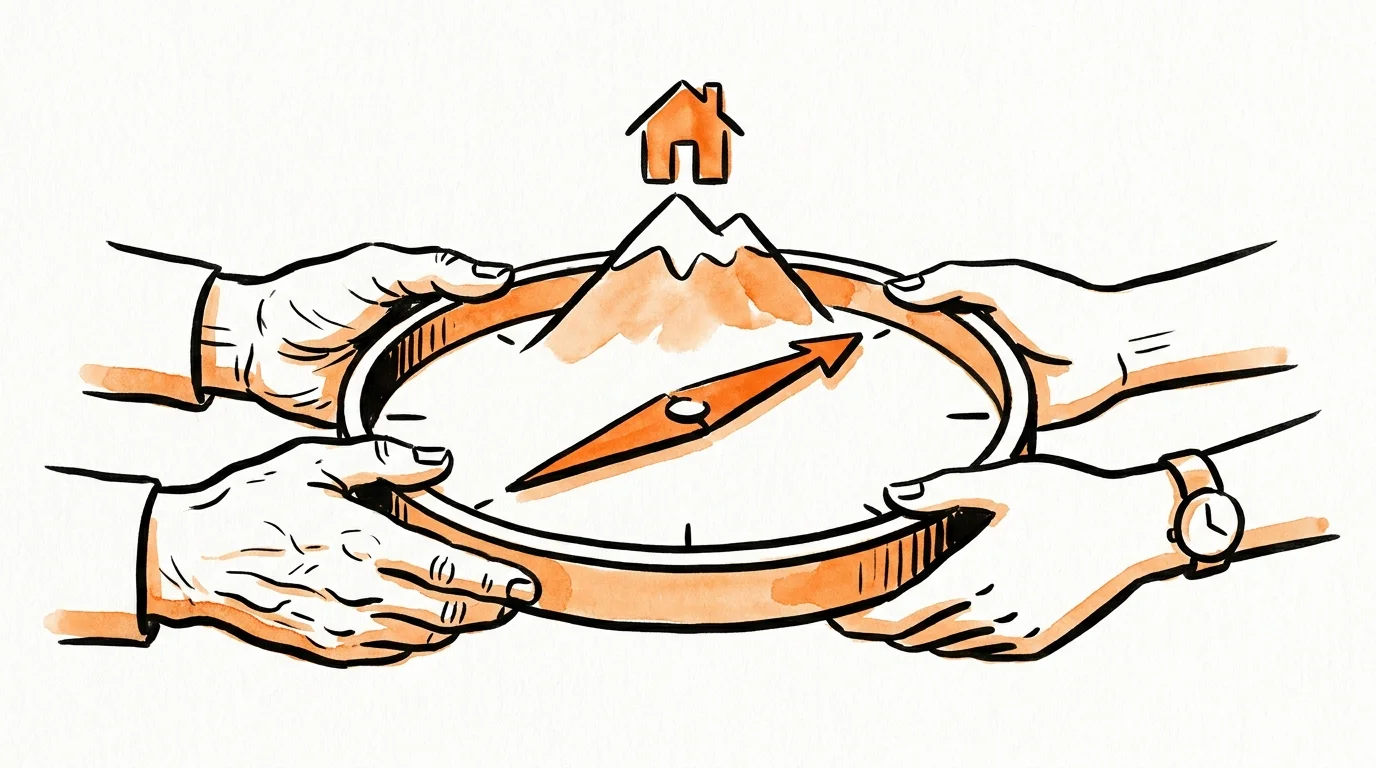 A minimalist illustration of two people holding a compass that points toward a house on a mountain peak.