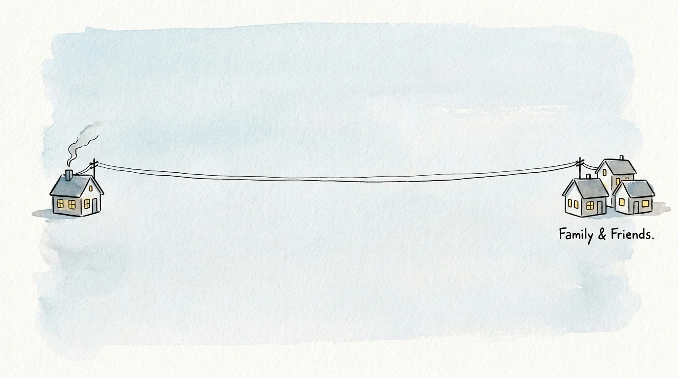 A minimalist illustration showing a house separated from a group of friends by a long distance.