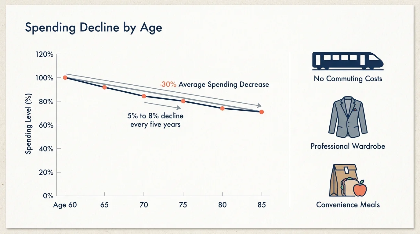 A minimalist infographic showing a 30% decrease in spending between ages 60 and 85, highlighting eliminated work-related expenses.