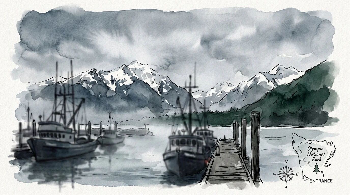A minimalist watercolor of the Port Angeles harbor with the snow-capped Olympic Mountains in the background.