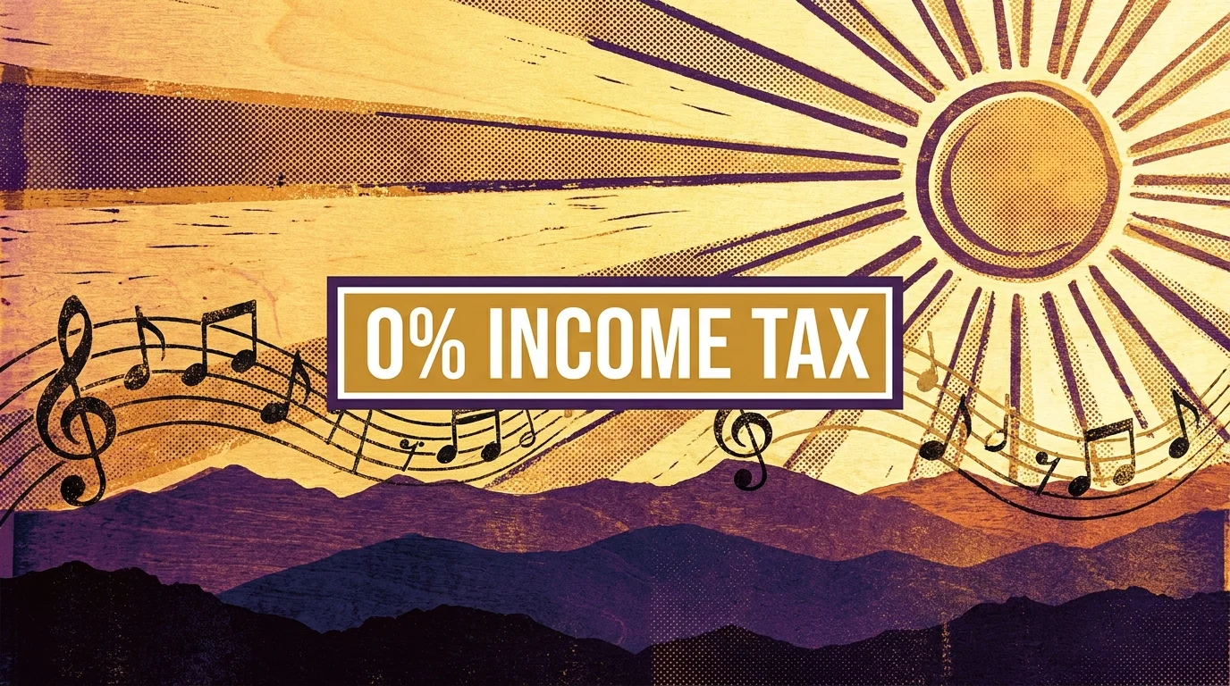 A mixed-media art piece featuring Tennessee mountains, music notes, and a '0% Income Tax' label.