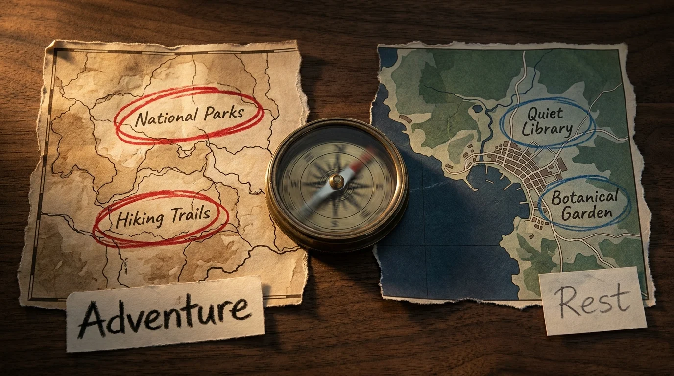 A mixed media art piece showing two torn maps—one for adventure and one for rest—separated by a gap on a wooden table.