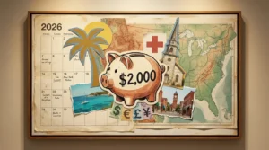 A mixed media collage featuring a $2,000 piggy bank, maps, and retirement lifestyle elements like palm trees and historic buildings.