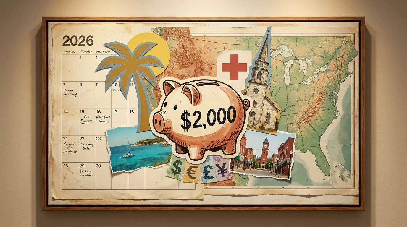 A mixed media collage featuring a $2,000 piggy bank, maps, and retirement lifestyle elements like palm trees and historic buildings.