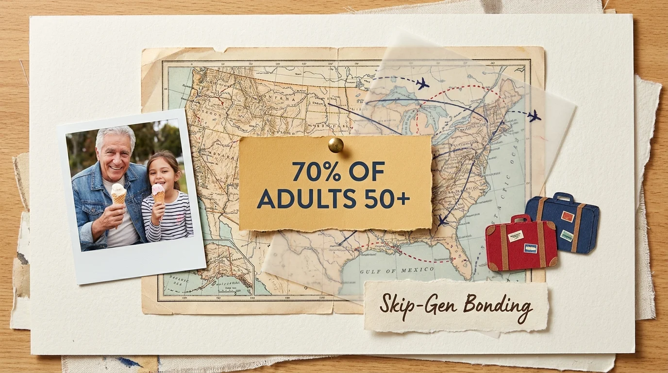A mixed-media collage featuring a map, a 70% statistic, and travel motifs representing multi-generational family vacations.