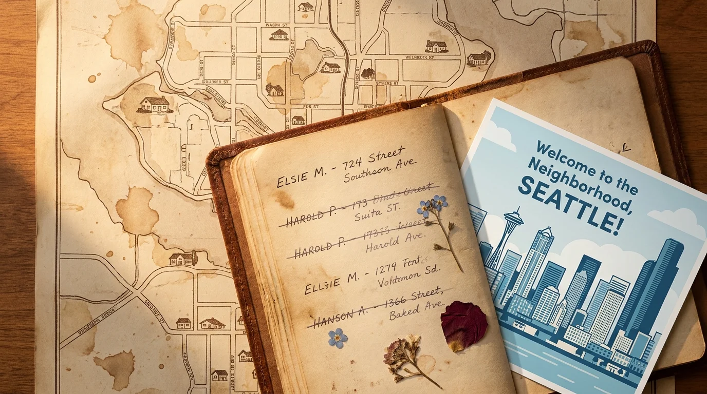 A mixed media collage featuring an old address book with crossed-out names resting on a map with a new relocation postcard.