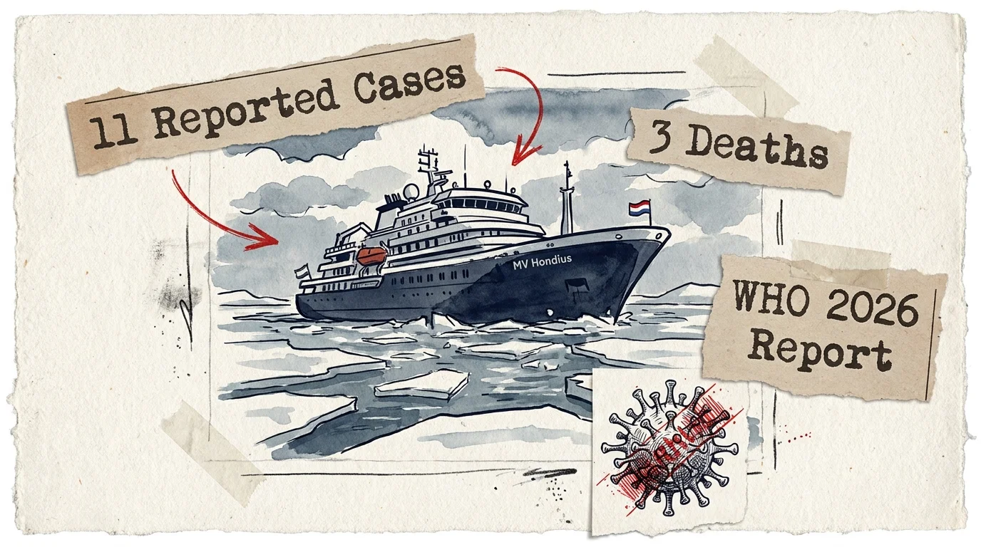 A mixed-media collage featuring the MV Hondius cruise ship and text callouts about the 2026 hantavirus outbreak.