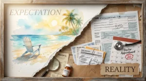 A mixed-media collage split diagonally between a peaceful beach watercolor and a realistic pile of tax forms, medical tools, and bills.