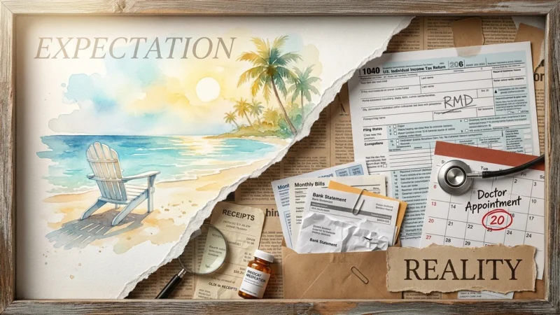 A mixed-media collage split diagonally between a peaceful beach watercolor and a realistic pile of tax forms, medical tools, and bills.