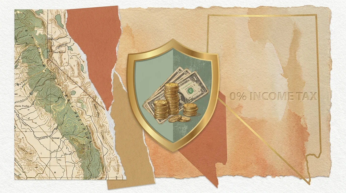 A mixed-media collage with Nevada maps and a protective shield, symbolizing a tax haven.