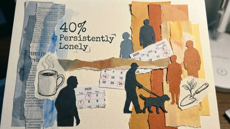 A mixed media collage with the text 40% Persistently Lonely, transitioning from cool grey tones to warm oranges with silhouettes of connecti