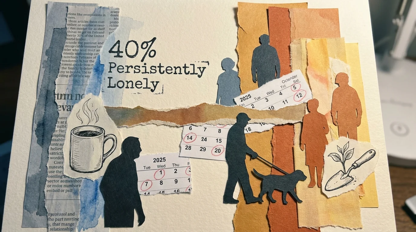 A mixed media collage with the text 40% Persistently Lonely, transitioning from cool grey tones to warm oranges with silhouettes of connecti