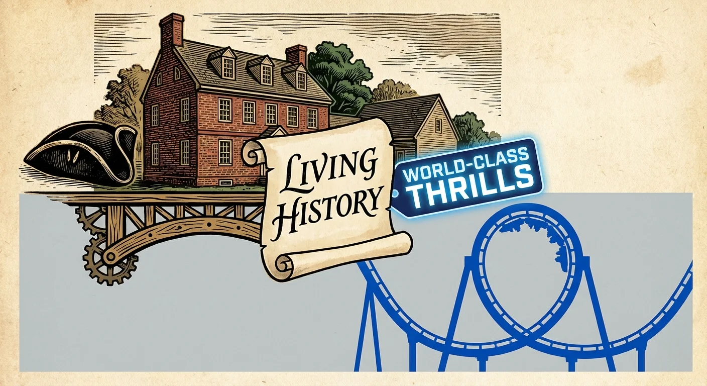 A mixed-media illustration contrasting colonial architecture with the silhouette of a modern rollercoaster.