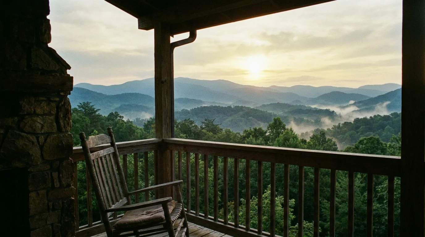 A mountain view from a stone porch in Boone, North Carolina, with layers of blue ridges and morning mist.