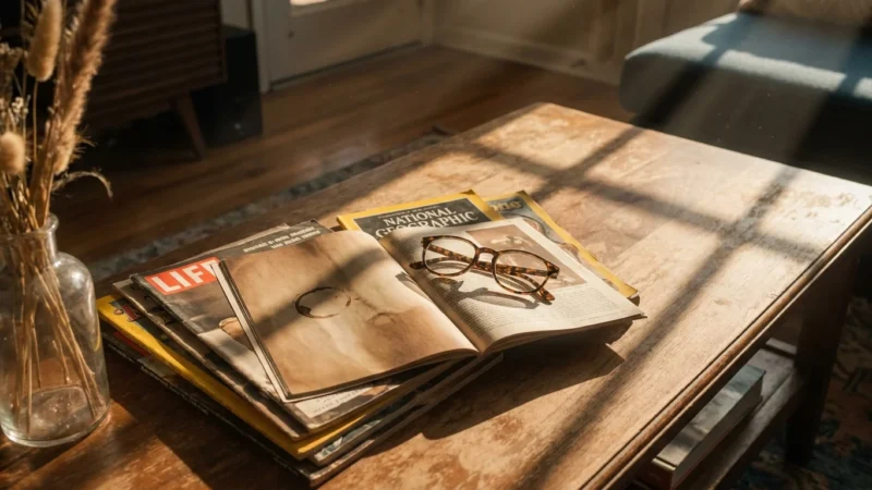 A nostalgic living room scene with vintage magazines and reading glasses on a wooden table in warm golden light.
